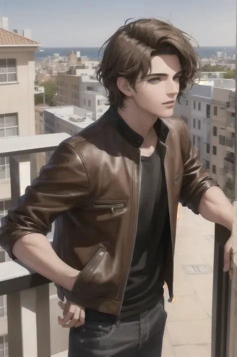 Make a young 17 year old man with short wavy brown hair, light brown eyes between yellow, serious face, very attractive, with a black shirt and brown leather jacket, high, who is standing on a balcony, HD quality