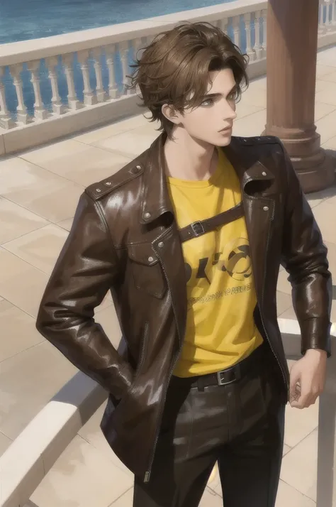 Make a young 17 year old man with short wavy brown hair, light brown eyes between yellow, serious face, very attractive, with a black shirt and brown leather jacket, high, who is standing on a balcony, HD quality