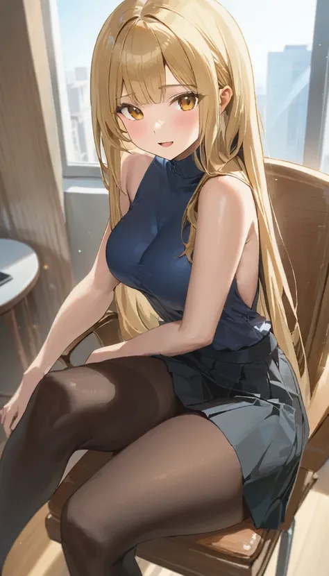 (masterpiece, Highest quality:1.2), One girl, Sit on a chair, blonde, Long Hair, Excited, Black sleeveless short vest，Black Skirt，Black leggings, Sexy pose, panties
