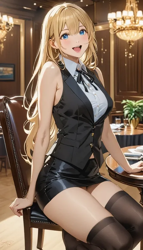 (masterpiece, Highest quality:1.2), One girl, Sit on a chair, blonde, Long Hair, Excited, Black sleeveless short vest，Black Skirt，Black leggings, Sexy pose, panties
