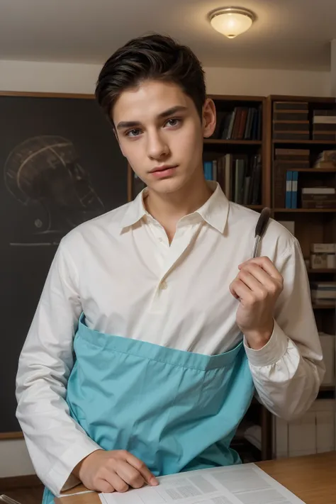 A beautiful young male twink, cute, with black hair and a face with makeup, wearing a bright white long-sleeved shirt and aqua blue pants, and he is in his office, and behind him is a blackboard on which is written the shape of the brain and its anatomy, a...