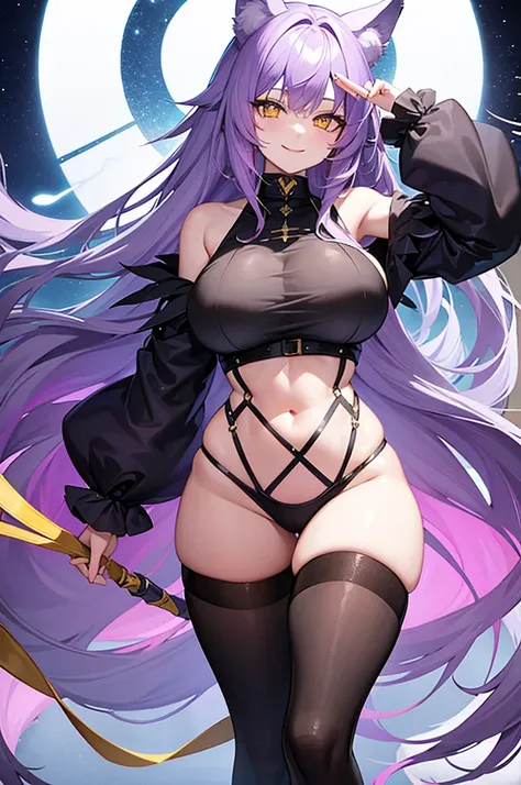 16K, hd, light purple hair, big breasts, yellow eyes, wolf ears, Height 175cm, wearing dark clothes, smiling, good anatomy