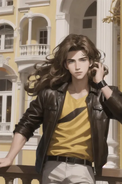 Make a young 17-year-old man with shoulder-length wavy brown hair., light brown eyes between yellow, serious face, very attractive, with a black shirt and brown leather jacket, high, who is standing on a balcony, HD quality