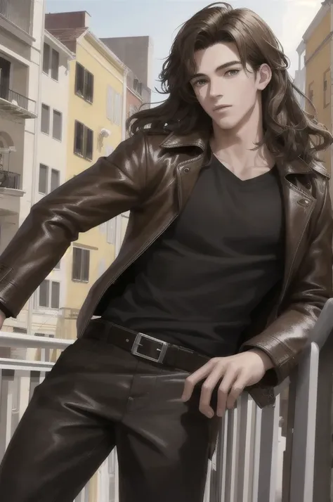 Make a young 17-year-old man with shoulder-length wavy brown hair., light brown eyes between yellow, serious face, very attractive, with a black shirt and brown leather jacket, high, who is standing on a balcony, HD quality