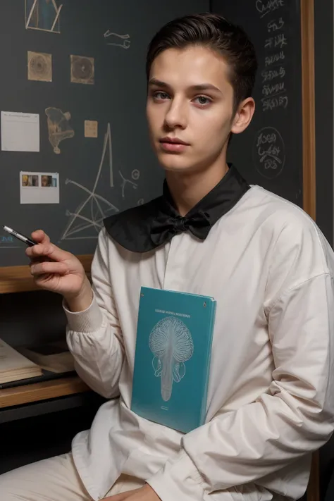 A beautiful young male twink, cute, with black hair and a face with makeup, wearing a bright white long-sleeved shirt and aqua blue pants, and he is in his office, and behind him is a blackboard on which is written the shape of the brain and its anatomy, a...