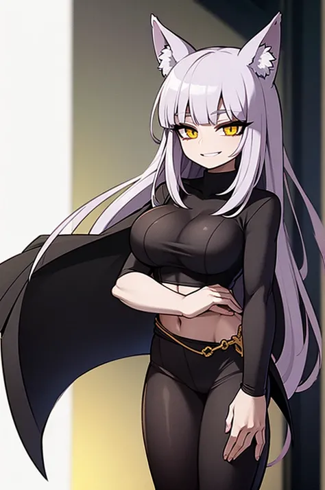 16K, hd, light purple hair, big breasts, yellow eyes, wolf ears, Height 175cm, wearing dark clothes, smiling, good anatomy