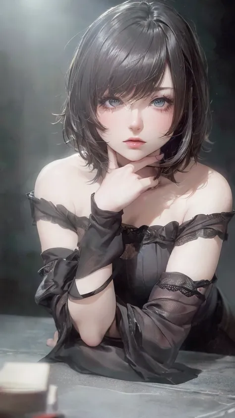 (Highest quality, Tabletop:1.2, Ultra-high resolution, Realistic:1.5), RAW Photos, One Girl, Off the shoulder, In the Dark, Deep Shadow, Low lighting, Cool tones, Captivating Gaze, short hair, Foggy atmosphere, Mysterious atmosphere, Subtle highlights, Dra...