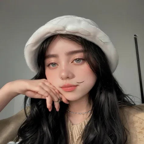 arafed woman with long black hair wearing a white hat, wearing a cute hat, with hat, wearing a chocker and cute hat, its wearing a cute little hat, ruan cute vtuber, she is wearing a hat, kailee mandel, headshot profile picture, smol fluffy cat wearing smo...