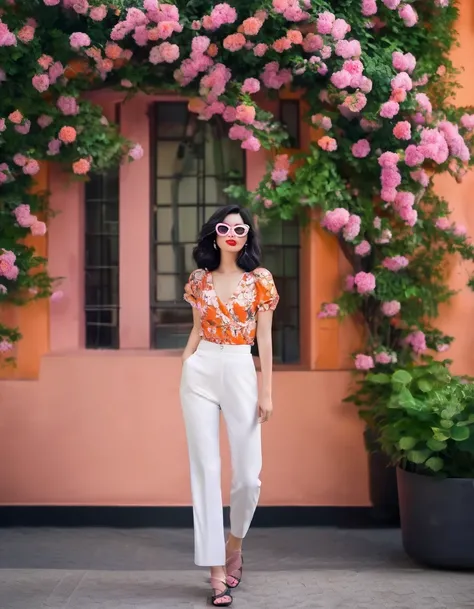 Beautiful girl, 20 years old, sculptural body, short wavy black hair at shoulder length, makeup, pink lipstick, small round glasses, pants, white pantaloons with pink flowers, orange mini blouse, full body, black heeled sandals, strolling in a beautiful co...