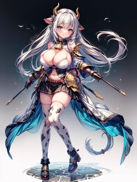 (masterpiece:1.2), (highest quality:1.2), 1girl, solo, cow-girl, breasts, animal-ears, cow-ears, tail, horns, cow-tail, animal-print, cow-horns, thighhighs, huge-breasts, cow-print, armor, gloves, piercing, very-long-hair, full-body, simple-background, loo...