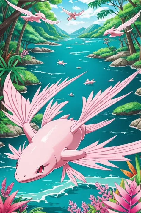 Pokémon inspired by a white and pink axolotl with wings, with tropical forest background with river, fish and birds, using the anime style of the series "Pokémon"