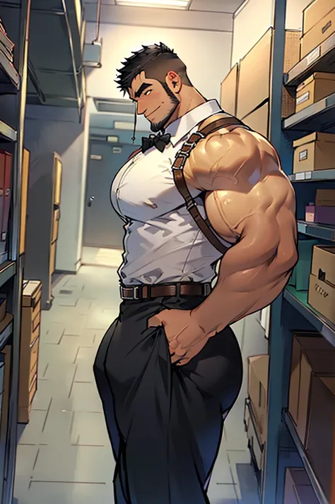 4k, masterpiece, high resolution:1.2, 1 man, solo, bara, muscular, big physique, crew cut hair, facial hair, chest, wide shoulder, biceps, thighs, triceps, butt, black hair, cute smile, friendly, standing in an office, wearing formal trousers, wearing form...