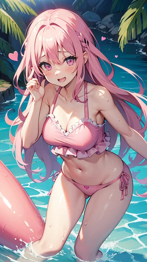 perverted girl ((pink heart eyes)) ((Swimsuit)) ((remarkable wet panties)) ((long hair)) ((excited face))