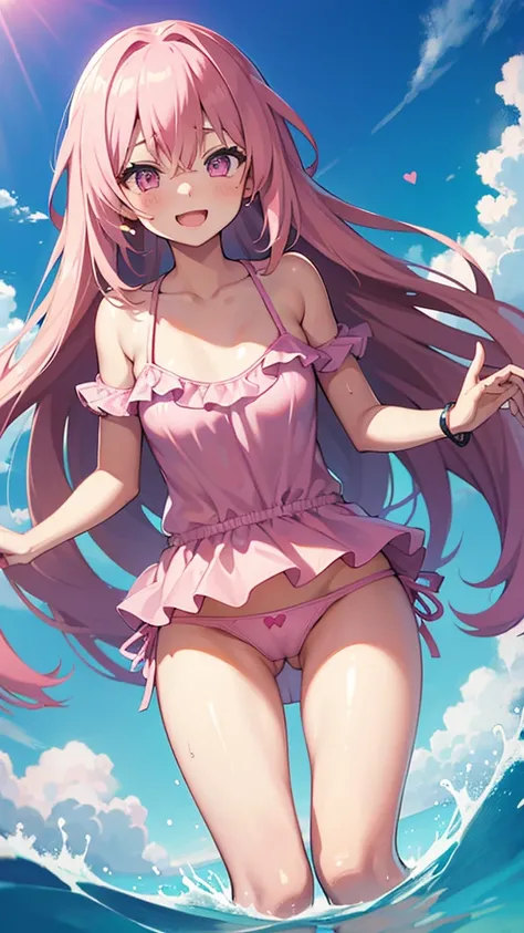 perverted girl ((pink heart eyes)) ((Swimsuit)) ((remarkable wet panties)) ((long hair)) ((excited face))