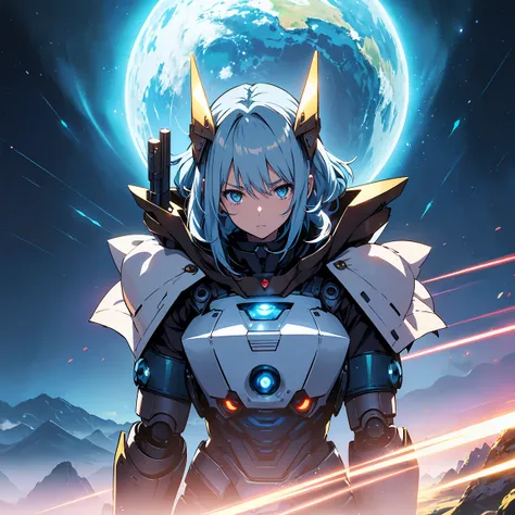 Anime, 2 characters, (1 teenage anime girl, silvery blue hair, bright blue star-shaped eyes); (1 Robot, Cape, Luminous Eyes, Rugged, Fantasy, Lights, outdated, old style, dark blue, bronze), Nature, Biomes with mountains