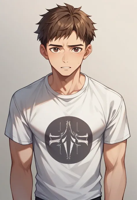 young handsome man、Portraiture、Lonely expression、Brown Hair、Brown eyes、T-shirt、