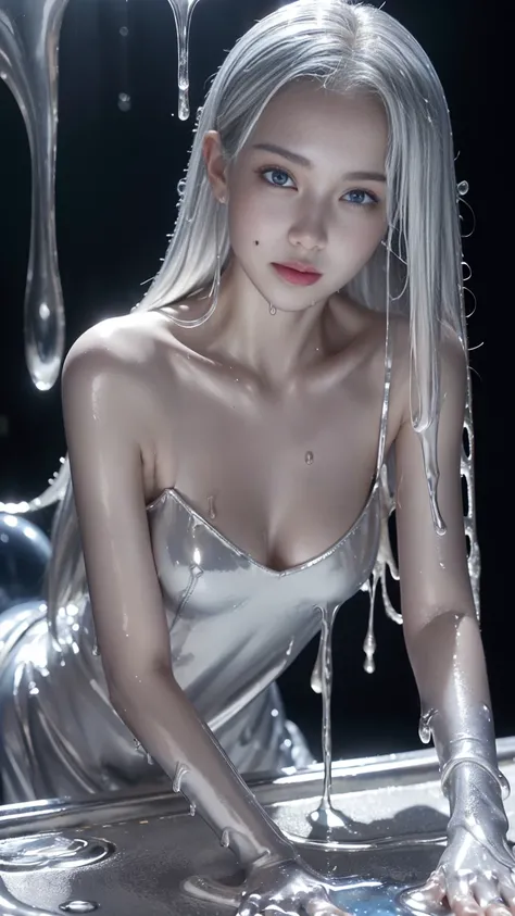 (High resolution,Tabletop:1.2),Super detailed,(Realistic:1.37),Portraiture,Full Body Shot、Slime Girl、Covered in silver slime, (Partially transparent), (Wet),  Silver liquid dripping from her body. Her hair is also Covered in silver slime. Silver slime scat...