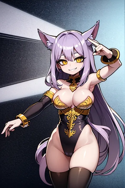 16K, hd, light purple hair, big breasts, yellow eyes, wolf ears, Height 175cm, wearing dark clothes, smiling, good anatomy