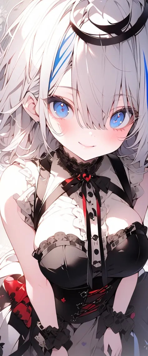 beautiful, masterpiece, Highest quality, anime, One girl, C Cup,Portrait Shot, View your viewers, Covered、Medium Hair、nearby、Blue Eyes、art、、White hair,Blue streaked hair、wallpaper、Cute smile、Thighs、Cute、bed、Beautiful breasts、Full Harness、valley、Gothic Loli...