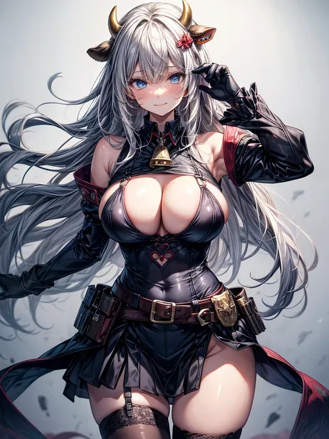 (masterpiece:1.2), (highest quality:1.2), 1girl, solo, cow-girl, breasts, animal-ears, cow-ears, tail, horns, cow-tail, animal-print, cow-horns, thighhighs, huge-breasts, cow-print, armor, gloves, piercing, very-long-hair, full-body, simple-background, loo...