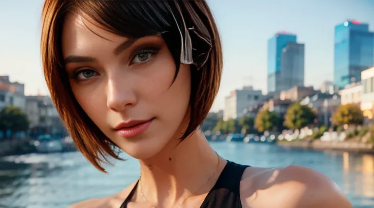 (beautiful European woman (perfect face)),short shoulder length hair (bob hairstyle), wicked smile, pale skin, (skin texture:1.1), (high detail sexy cyberpunk clothing), (high detail eyes:1.2), (multi coloured hair), (random short hairstyle), fit athletic ...