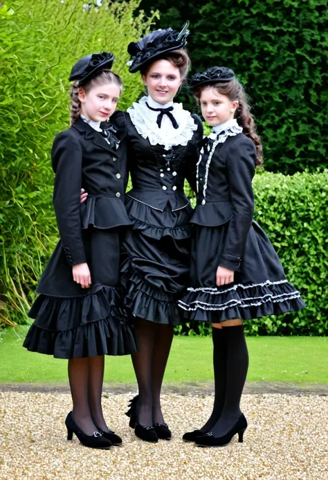 a two tween and vers mum in victorian outfit with flounce and high heels