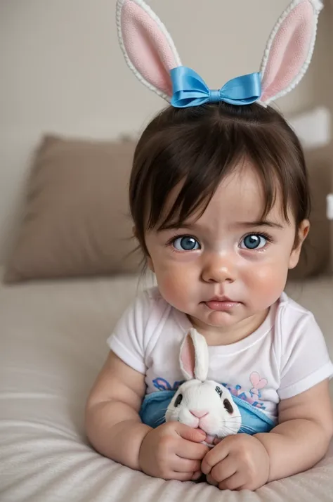 a baby with dark brown hair, blue eyes, a pacifier with a bunny decoration in the mouth. The girl must be lying on a bed, crying, with eyes full of tears and an expression that indicates that he is asking for help and looking for love and affection. Must w...