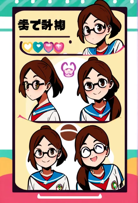 Full body cartoon style ,brown hair with ponytail , wearing glasses, different angles, character sheet.playing football.