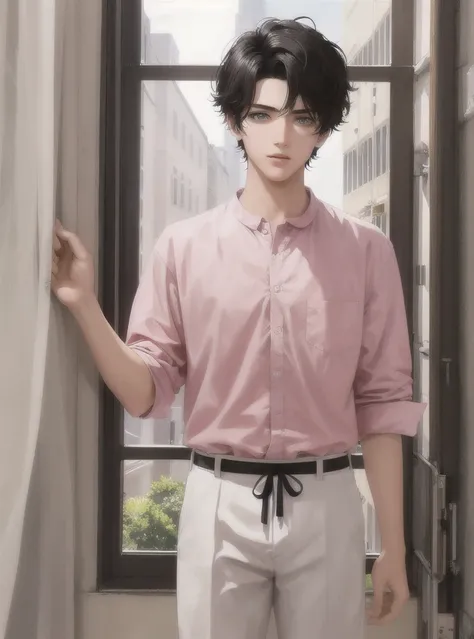 Make a young 17 year old man with short straight asabache black hair, dark eyes, serious, White skin, with adorable face and very attractive rosy cheeks, with a pink shirt, who is standing behind a window, HD quality