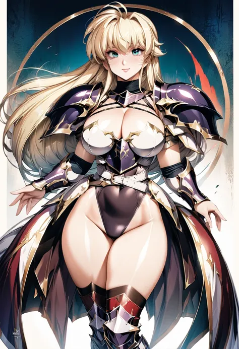 ((highest quality)), ((masterpiece)), ((hyperrealistic)), (detailed background), solo, 1girl, ((curvy: 1.2)), kawaii, smile, dark princess, ((armored dress: 1.3)), langrisser, blonde braided long hair, Ahoge, (paladin magic armor), ((Tight-fitting leotard ...