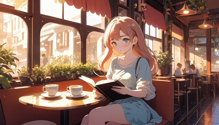 Sexy woman reading a book in a cafe、, Wide-angle lens, Lofi Anime, Lofi illustration, Aesthetic atmosphere, Lo-Fi Style, Vector art, Flat Design, Simple shape, Warm tones, Pleasant atmosphere, Chill, In anime style, Digital drawing, Vector art, Vector logo...