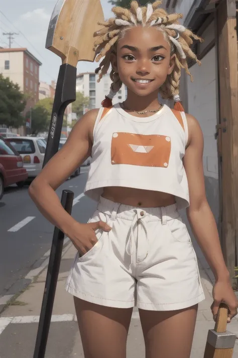  16 year old with street style clothes, white with tanned skin, short dreads in her hair and holding an ax little teeth split down the middle and kind of chubby