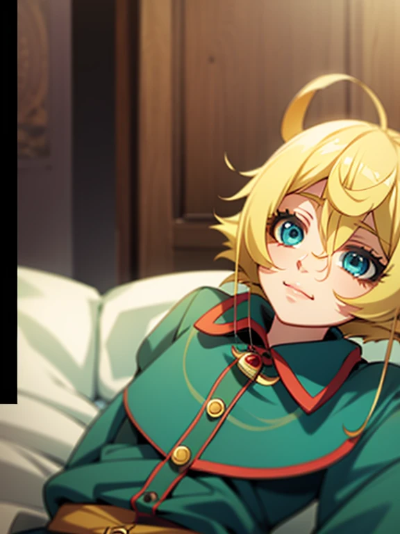 Anime character lying on bed with blue eyes and blonde hair, Anime drawing inspired by Yoshio Markino, Trending on pixiv, mingei, In the anime movie, Screenshot of the anime movie, Anime girl crouching, A shot from the anime movie, It is still an iconic an...