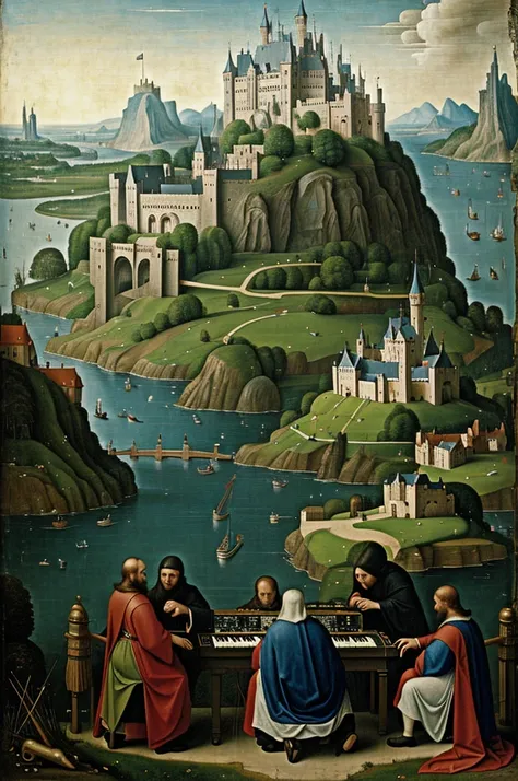 painting of three men playing a moog modular synthesizer, analog with only one castle in the background, hieronymus bosch style, masterpiece