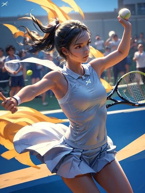 masterpiece, high-quality, a young woman, playing tennis, wearing tennis wear, throwing the ball up to serve, perfect face, perfect hands