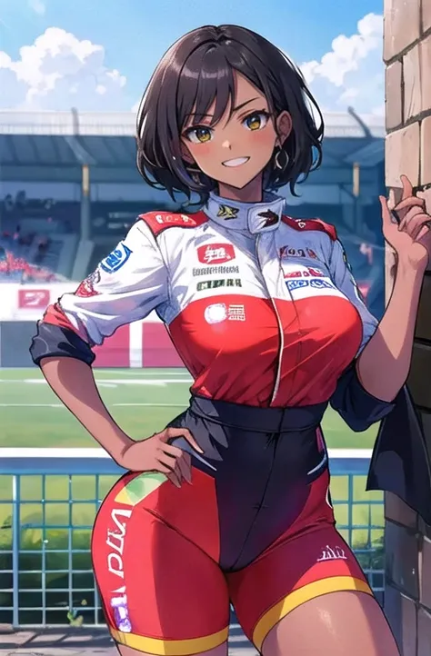 (work of art, best qualityer, hires, high resolution:1.2), (comely, Aesthetics, perfect, dainty, intricate:1.2), (Depth of field:1.2), (1 girl, standing alone), (mature woman), (darkskin, skin black, ebony:1.4), (a sexy racing driver leaning against the wa...