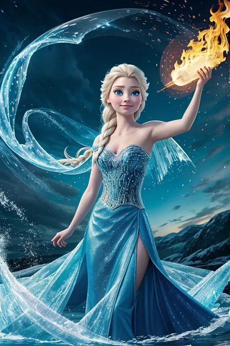 An image of Elsa from Frozen, controlling the elements: land, water, air, fire, magic, ice, electricity