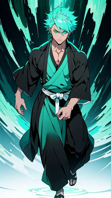 1 man, muscle, handsome, male, cyan hair, green eyes, bleach style, black kimono, male focus, masterpiece, 16k, uhd, high definition, full body, image of full body, all body, beautiful eyes, (((perfect eyes))), (((detailed eyes))) 