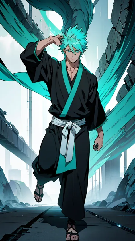 1 man, muscle, handsome, male, cyan hair, green eyes, bleach style, black kimono, male focus, masterpiece, 16k, uhd, high definition, full body, image of full body, all body, beautiful eyes, (((perfect eyes))), (((detailed eyes))) 