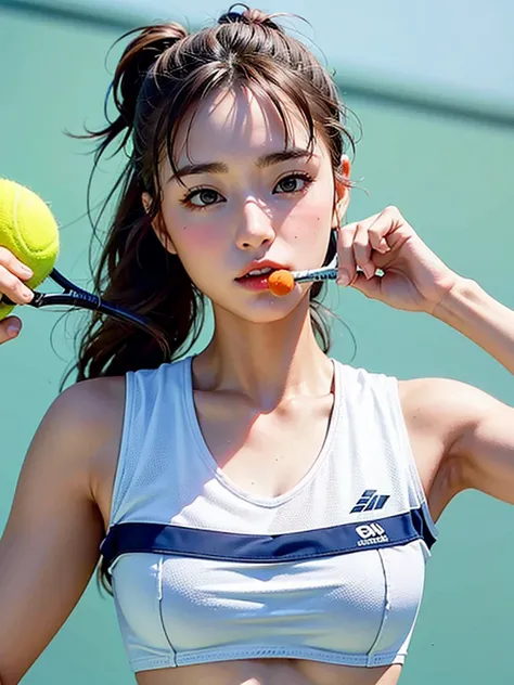 masterpiece, high-quality, a young woman, playing tennis, wearing tennis wear, throwing the ball up to serve, perfect face, perfect hands