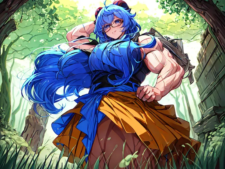 posing in a forest、a big-ass woman dressed in blue, muscular girl, muscular!!, huge muscles, muscular!, muscular!! science ficti...