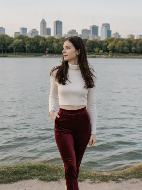 her name is Elle, high quality, 1girl, ((20-year-old fit Caucasian woman)), ((20 years old)), ((fit)), ((pale skin)), Beachy Waves dark hair , wearing Cobalt Blue Mock Neck Crop Top + High-Waisted Burgundy Velvet Pants, pose: standing, background: Highligh...