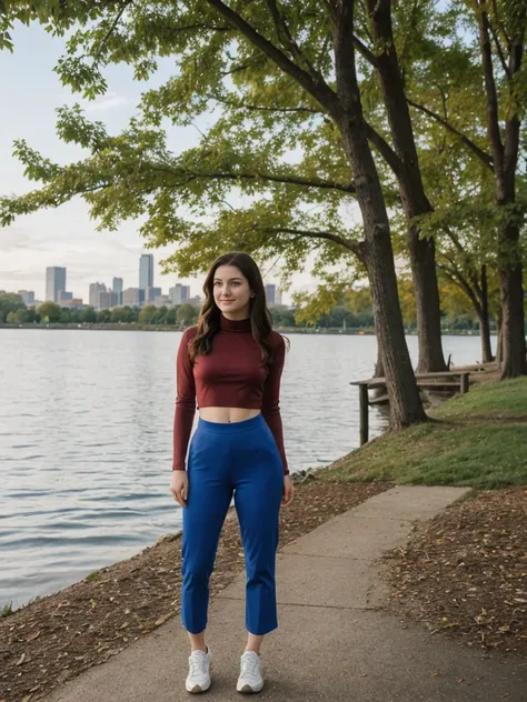 her name is Elle, high quality, 1girl, ((20-year-old fit Caucasian woman)), ((20 years old)), ((fit)), ((pale skin)), Beachy Waves dark hair , wearing Cobalt Blue Mock Neck Crop Top + High-Waisted Burgundy Velvet Pants, pose: standing, background: Highligh...