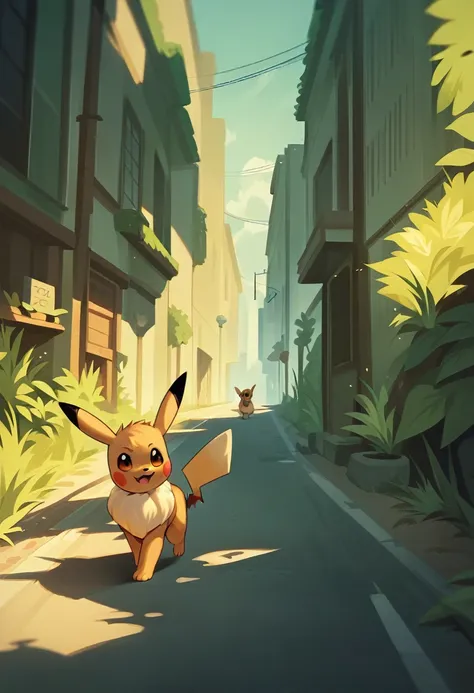 Pokémon,Pikachu and Eevee walking on the road