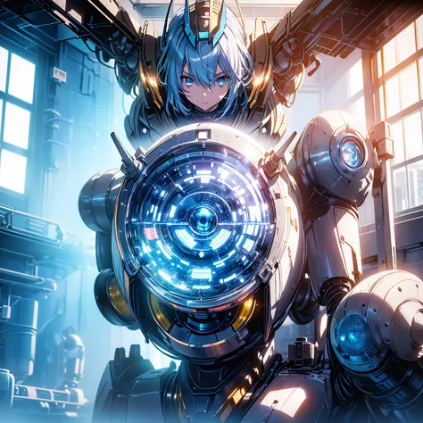 Anime, 2 characters, (1 teenage anime girl, silvery blue hair, bright blue star-shaped eyes); (1 Robot, Cape, Luminous Eyes, Rugged, Fantasy, Lights, outdated, old style, dark blue, bronze), Room with window, sitting