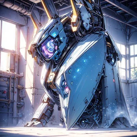 Anime, 2 characters, (1 teenage anime girl, silvery blue hair, bright blue star-shaped eyes); (1 Robot, Cape, Luminous Eyes, Rugged, Fantasy, Lights, outdated, old style, dark blue, bronze), Room with window, sitting