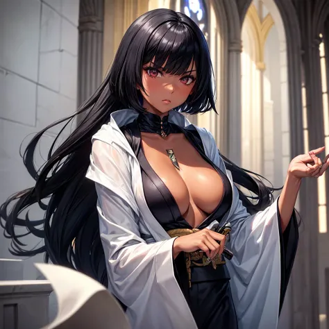 Femme mature, tanned skin, black bob hair!!!, yeux vairons blanc noir!!!, kimono sexy blanc, katana blanc, authoritarian look. (White cathedral interior)