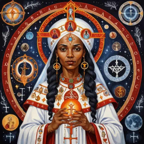 priestess (santa)of black ethnicity Maria Madalena, painted orthodox, symbols and elements of astrology, hermeticism, 
