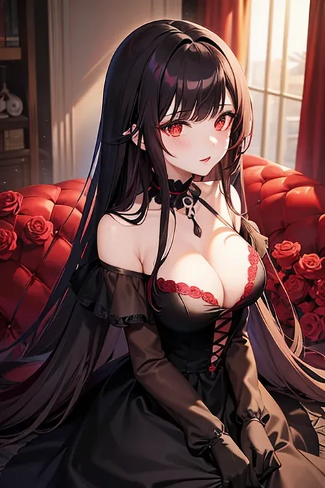 portrait of an anime character, goth anime girl, red lips, dark brown hair, side bangs, very long curly hair, brown eyes, roses in the background, choker, shoulderless black dress,elegant, front view, gothic, anime art, dark light with red highlights, skul...