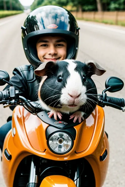 Little guinea pig on a motorcycle with black gloves 

